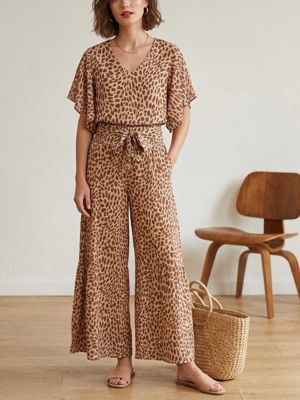 Versona Giraffe Print Matching Set Wide Leg Pants & V-Neck Top